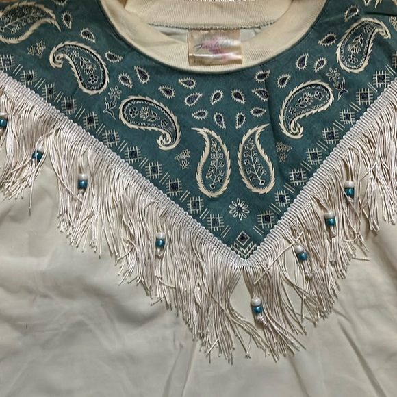 vintage Handmade and beaded western long sleeve cream turquoise long sleeve - Picture 3 of 4
